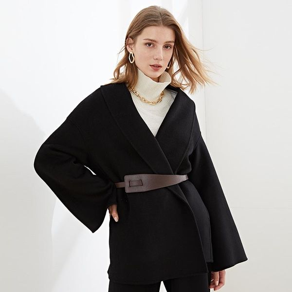women's wool & blends french high temperament fleecy robe style tie belt double cashmere coat female long woollen, Black
women's wool & blends french high temperament fleecy robe style tie belt double cashmere coat female long woollen, Black