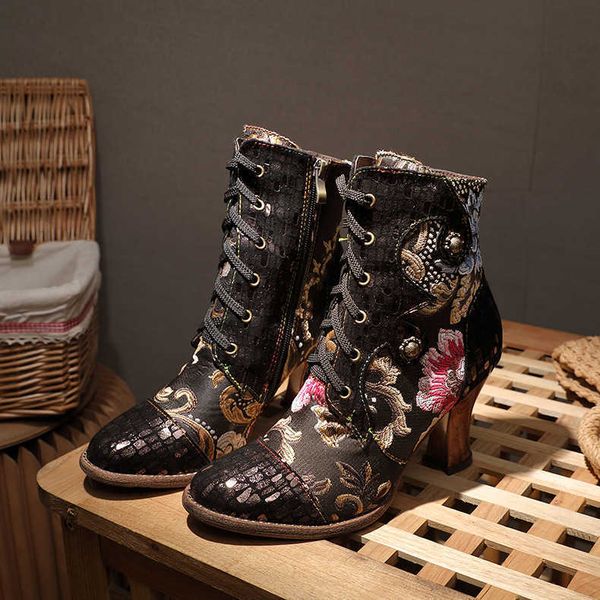 boots children national women's leather boots flower shoes handmade high heels middle tube, Black