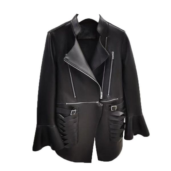 women's leather & faux genuine jacket 2021 fashion women coat spring hem before long after short female clothes petals sleeves, Black
women's leather & faux genuine jacket 2021 fashion women coat spring hem before long after short female clothes petals sleeves, Black