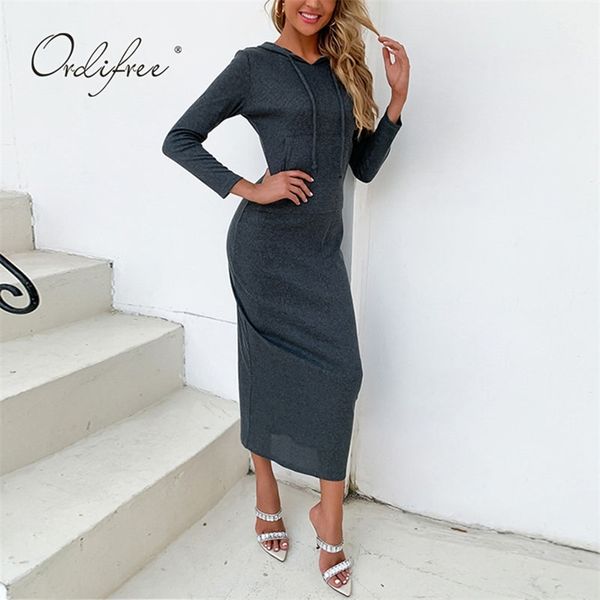 autumn winter women hooded dress long sleeve stretch casual 210513, Black;gray 
autumn winter women hooded dress long sleeve stretch casual 210513, Black;gray