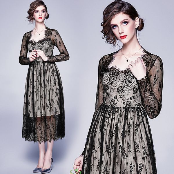 boutique dress women's wear 2021 spring fashion slim long sleeve lace medium length a-line skirt, Black;pink