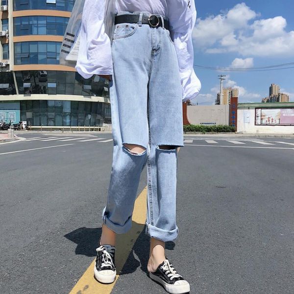women's jeans high waist women hole casual loose straight womens korean fashion bf trousers street style females all match streetwear, Blue
women's jeans high waist women hole casual loose straight womens korean fashion bf trousers street style females all match streetwear, Blue