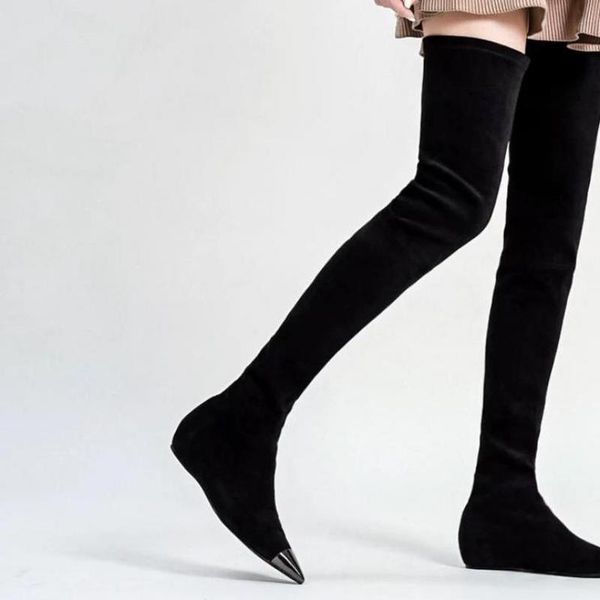 boots high tube elastic flat bottom pointed toe increased internal wedges suede long over the knee boot shoes woman botas, Black
boots high tube elastic flat bottom pointed toe increased internal wedges suede long over the knee boot shoes woman botas, Black