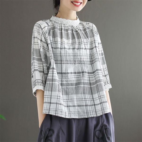 summer new arts style women half sleeve loose t-shirt cotton linen plaid vintage tee shirt lace stand collar femme s795 210320, White
summer new arts style women half sleeve loose t-shirt cotton linen plaid vintage tee shirt lace stand collar femme s795 210320, White