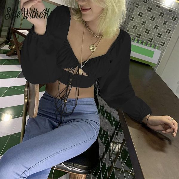 women's blouses & shirts elegant ladies button chic lace-up lantern sleeve female v-neck short style hollow out women solid, White
women's blouses & shirts elegant ladies button chic lace-up lantern sleeve female v-neck short style hollow out women solid, White