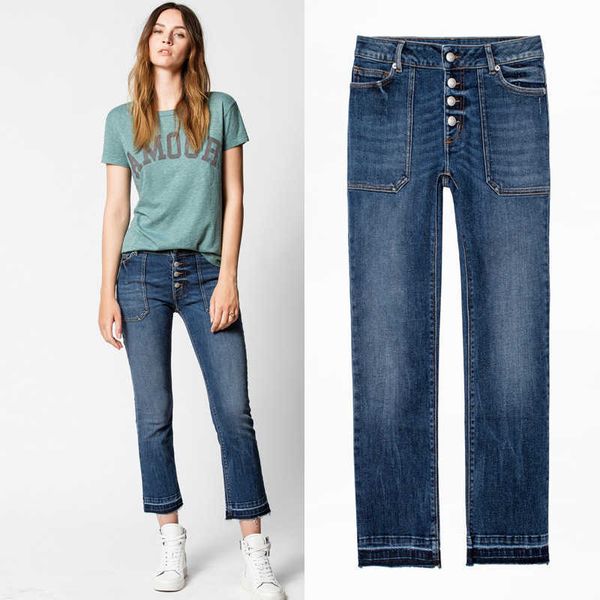 21ss autumn winter women jeans french minority zadig women's high waist button elastic small straight leg rough nine point jeans, Blue
21ss autumn winter women jeans french minority zadig women's high waist button elastic small straight leg rough nine point jeans, Blue