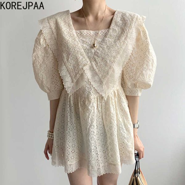 korejpaa women dress summer korean chic western style retro navy collar lace crochet design loose puff sleeve vestidos 210526, Black;gray
korejpaa women dress summer korean chic western style retro navy collar lace crochet design loose puff sleeve vestidos 210526, Black;gray