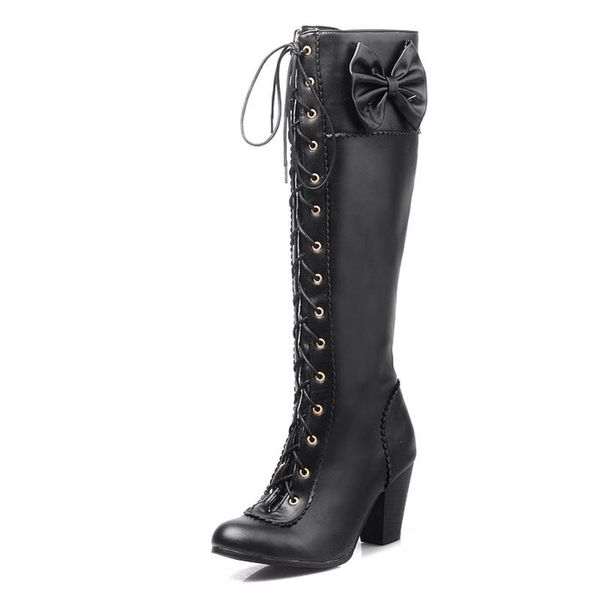 boots oversized multi-color kawaii bow tie lace-up knee pu tapered heel side zip thick women's round toe cross strap, Black
boots oversized multi-color kawaii bow tie lace-up knee pu tapered heel side zip thick women's round toe cross strap, Black