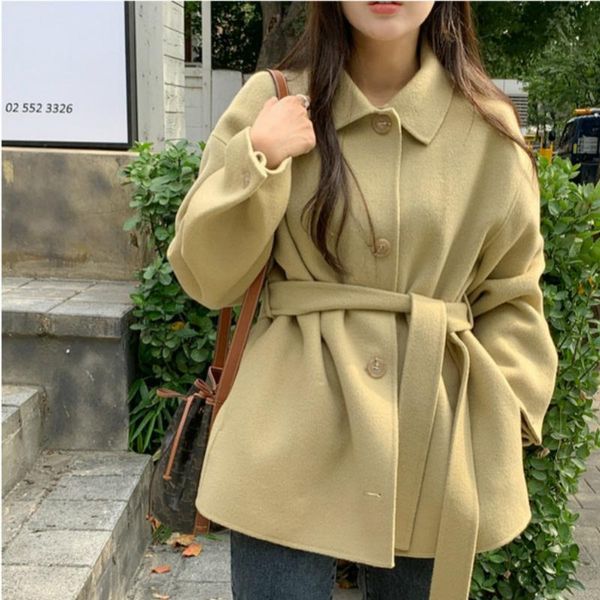 women's wool & blends 2021 women autumn winter slim waist short coat jacket single breasted yellow woolen overcoat with belt, Black
women's wool & blends 2021 women autumn winter slim waist short coat jacket single breasted yellow woolen overcoat with belt, Black