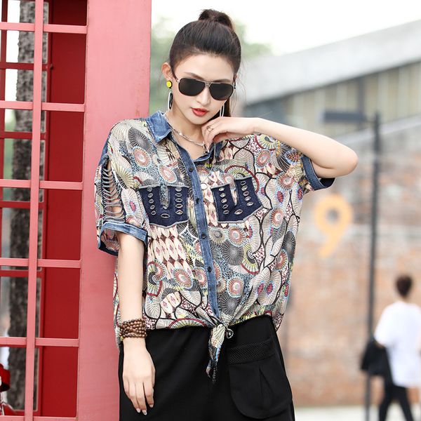 t shirt fashion brand women's 2021 summer style temperament printing denim chiffon splicing cut-out versatile short sleeve top, White
t shirt fashion brand women's 2021 summer style temperament printing denim chiffon splicing cut-out versatile short sleeve top, White