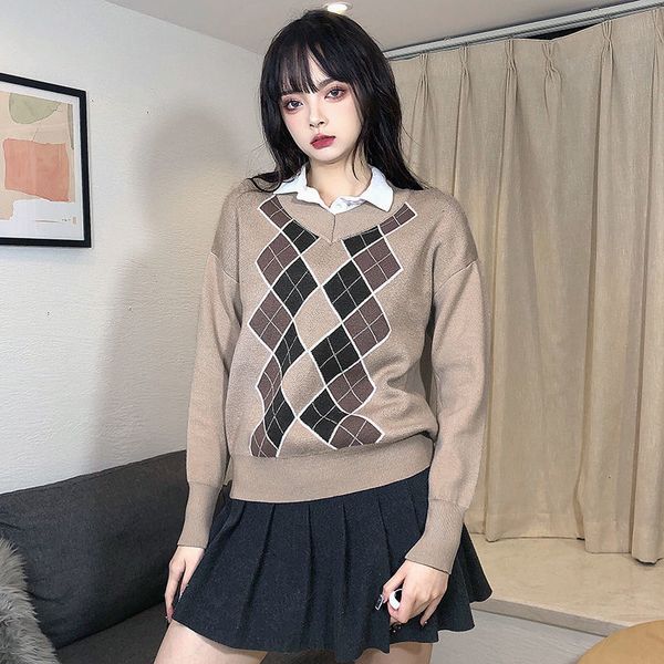 women's sweaters autumn style preppy argyle chess women's nightgown long korean version sleeve vintage woman v neck crocheted muje, White;black
women's sweaters autumn style preppy argyle chess women's nightgown long korean version sleeve vintage woman v neck crocheted muje, White;black