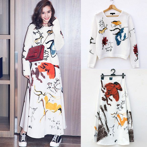 two piece dress female fashion skirt hollow-out suit sweaters + printed skirts chic, elegant ensemble a891, White
two piece dress female fashion skirt hollow-out suit sweaters + printed skirts chic, elegant ensemble a891, White