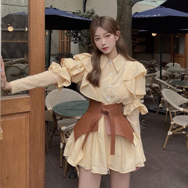 women elegant bubble a-line fairy dress fashion ruffled belt mini party female 2021 korean fall long-sleeved clothes casual dresses, Black;gray 
women elegant bubble a-line fairy dress fashion ruffled belt mini party female 2021 korean fall long-sleeved clothes casual dresses, Black;gray