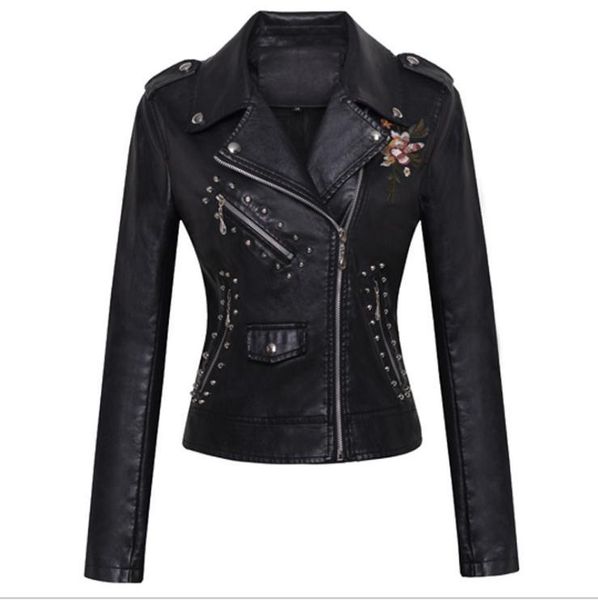 women's leather & faux women patchwork jackets flower embroidery rivets short section pu small casual motorcycle coats j3447, Black
women's leather & faux women patchwork jackets flower embroidery rivets short section pu small casual motorcycle coats j3447, Black