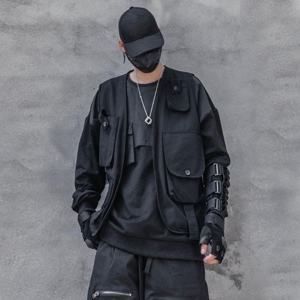 men's vests multi pockets vest cardigan men techwear outwear sleeveless jacket tactical function streetwear hip hop cargo waistcoat, Black;white
men's vests multi pockets vest cardigan men techwear outwear sleeveless jacket tactical function streetwear hip hop cargo waistcoat, Black;white