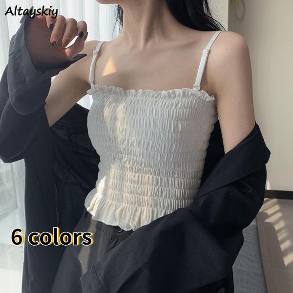 women's tanks & camis women ruched folds summer korean style elegant leisure trendy female clothing elastic casual cropped, White
women's tanks & camis women ruched folds summer korean style elegant leisure trendy female clothing elastic casual cropped, White