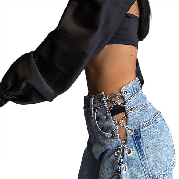 straight high waist clothes fashion women jeans solid color chain bandage korean denim pants with pocket light blue streetwear
straight high waist clothes fashion women jeans solid color chain bandage korean denim pants with pocket light blue streetwear