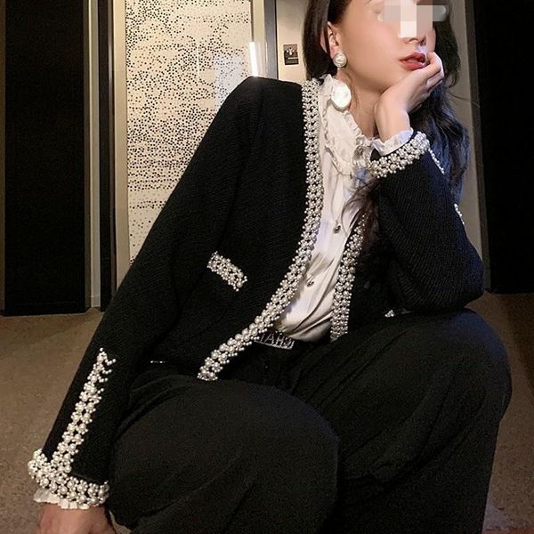women's jackets short fashion black womens 2022 autumn winter french style beading spliced female casual suits outerwear, Black;brown
women's jackets short fashion black womens 2022 autumn winter french style beading spliced female casual suits outerwear, Black;brown