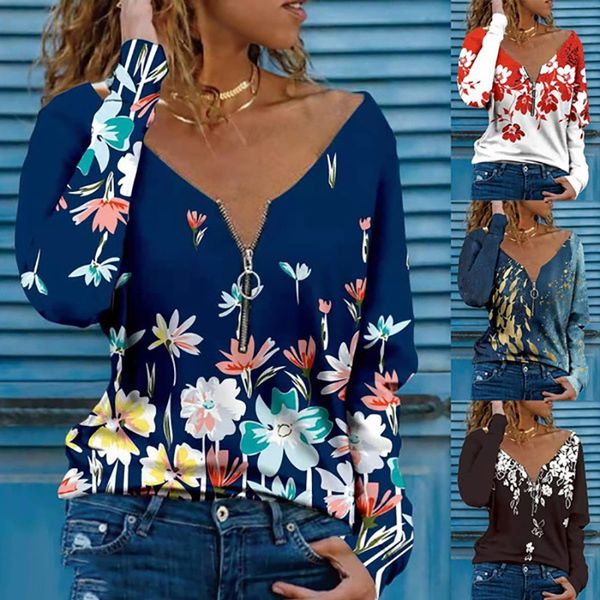 2021 autumn new long sleeve t-shirt casual women's printed v-neck zipper long sleeve t-shirt, White
2021 autumn new long sleeve t-shirt casual women's printed v-neck zipper long sleeve t-shirt, White