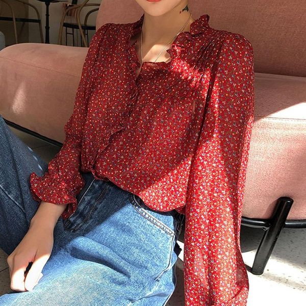 red shirt floral print chiffon shirts v-neck sweet flare sleeve blouse long-sleeved clothes for women women's blouses &, White
red shirt floral print chiffon shirts v-neck sweet flare sleeve blouse long-sleeved clothes for women women's blouses &, White
