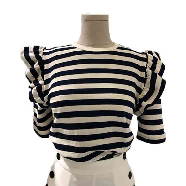 women's t-shirt sweet ruffles patchwork black white striped slim shirts simple o-neck shirt summer short sleeve for 4tu5
women's t-shirt sweet ruffles patchwork black white striped slim shirts simple o-neck shirt summer short sleeve for 4tu5