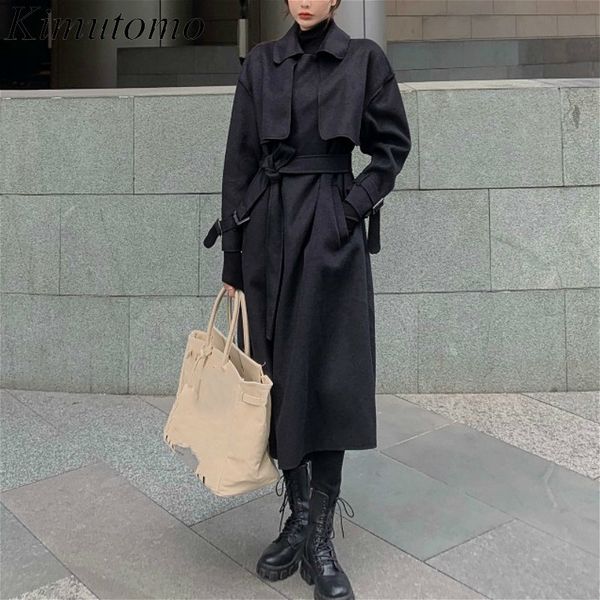 kimutomo elegant winter coat women fashion wool coats solid turn-down collar long slim korean belt outwear loose 210521, Black