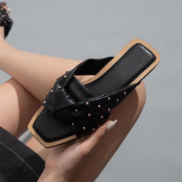 slippers 2021 women's fashion rivet braided cross square toe solid summer female shoes slip on soft pu leather flat sandals, Black
slippers 2021 women's fashion rivet braided cross square toe solid summer female shoes slip on soft pu leather flat sandals, Black