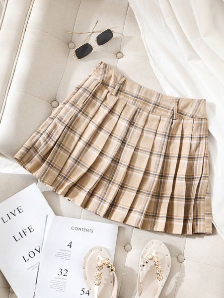 zipper side tartan pleated skirt q9in#, Black