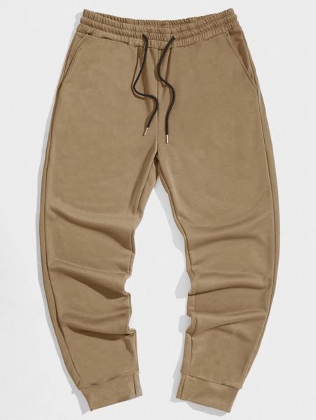 men solid drawstring waist sweatpants 005m#, Black