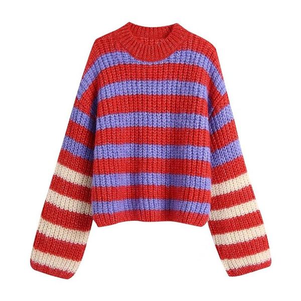 women's sweaters women 2022 fashion color stripe knitted sweater vintage round neck long sleeve pullovers streetwear, White;black
women's sweaters women 2022 fashion color stripe knitted sweater vintage round neck long sleeve pullovers streetwear, White;black