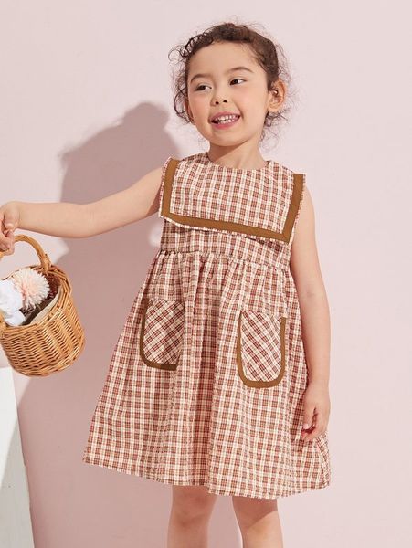 toddler girls sailor collar pocket front plaid dress she, Red;yellow 
toddler girls sailor collar pocket front plaid dress she, Red;yellow