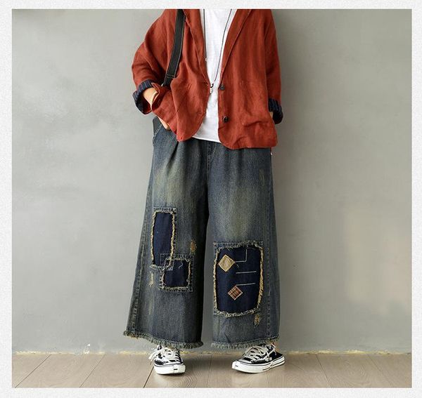 cotton denim patch loose tassel wide-leg pants female 2021 spring summer women retro literary elastic waist casual jeans women's, Blue
cotton denim patch loose tassel wide-leg pants female 2021 spring summer women retro literary elastic waist casual jeans women's, Blue