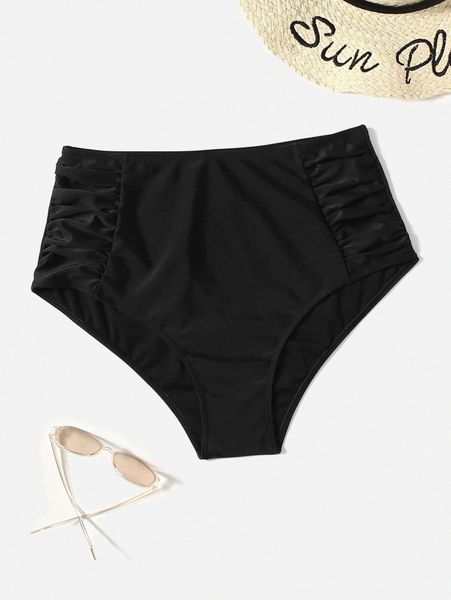 plus solid ruched bikini bottom i6xr#, Black