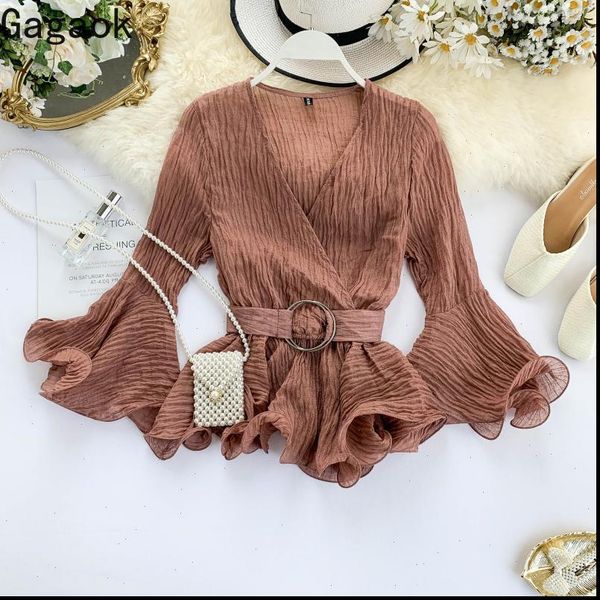 women shirt gagaok office lady chiffon blouse spring autumn solid v neck flare sleeve sashes slim wild female fashion shirts, White
women shirt gagaok office lady chiffon blouse spring autumn solid v neck flare sleeve sashes slim wild female fashion shirts, White