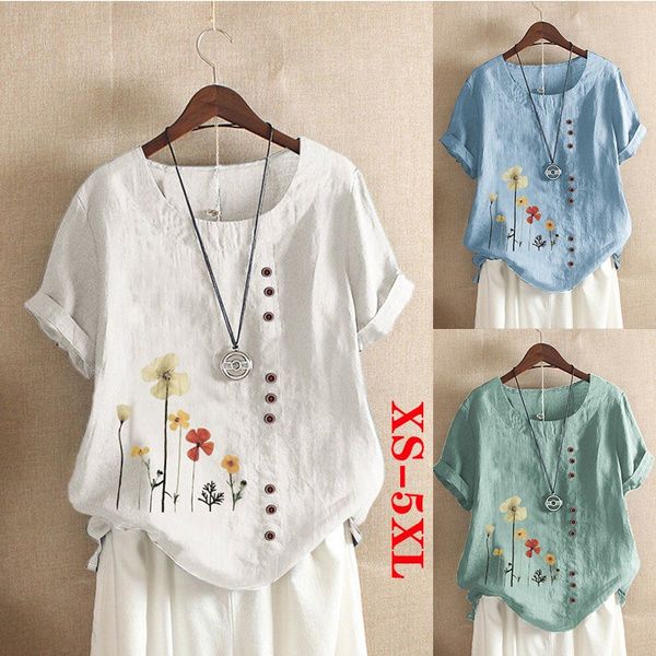 women summer casual print loose t-shirts vintage round neck plus size short sleeve blouse xs-5xl, White
women summer casual print loose t-shirts vintage round neck plus size short sleeve blouse xs-5xl, White