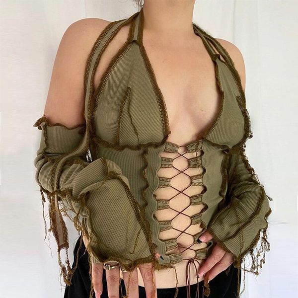 women's t-shirt y2k backless halter ribbed tie front women long sleeve hollow out lace up t shirts patchwork bodycon crop, White
women's t-shirt y2k backless halter ribbed tie front women long sleeve hollow out lace up t shirts patchwork bodycon crop, White