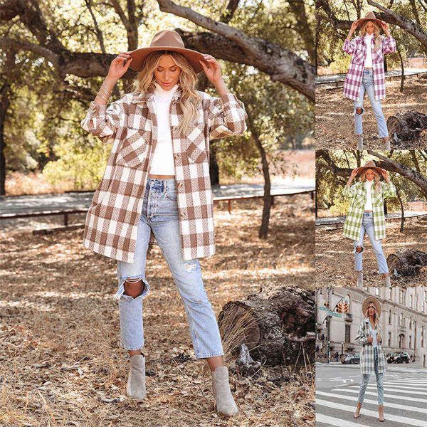2021 autumn winter women's long pocket lapel plaid coat, Black