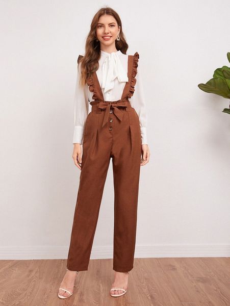 ruffle trim self tie button front overall l5gv#, White 
ruffle trim self tie button front overall l5gv#, White