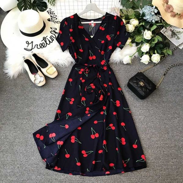 fashion deep v neck summer dress cherry print vestidos short sleeve midi waist tie wra'p es casual 210601, Black;gray
fashion deep v neck summer dress cherry print vestidos short sleeve midi waist tie wra'p es casual 210601, Black;gray