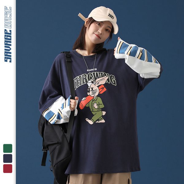 2021 spring and autumn new stripe stitching long sleeve fake two cartoon print loose t-shirt, White
2021 spring and autumn new stripe stitching long sleeve fake two cartoon print loose t-shirt, White