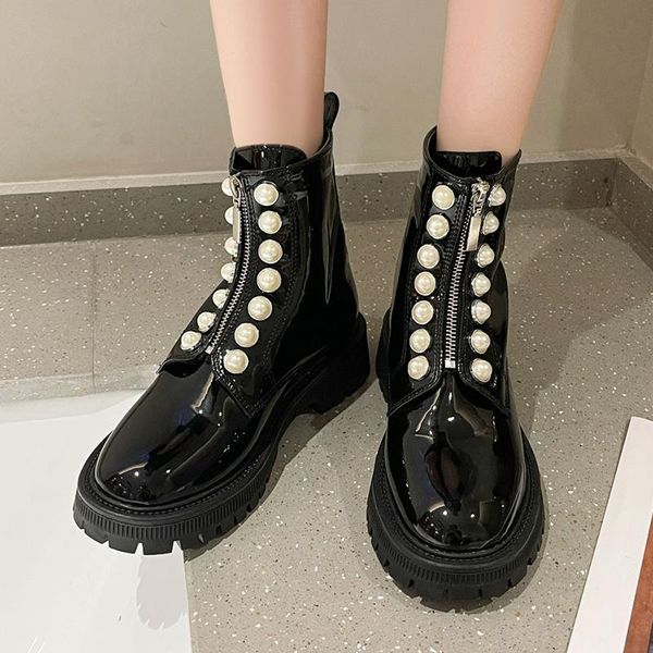 boots rimocy fashion women's pearls ankle 2021 autumn front zipper thick heels woman patent leather platform shoes mujer, Black
boots rimocy fashion women's pearls ankle 2021 autumn front zipper thick heels woman patent leather platform shoes mujer, Black