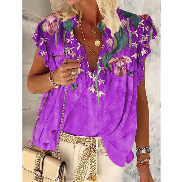 women's t-shirt fashion summer ruffle sleeve casual v-neck flowers printing pullover oversize ladies short-sleeve female, White
women's t-shirt fashion summer ruffle sleeve casual v-neck flowers printing pullover oversize ladies short-sleeve female, White