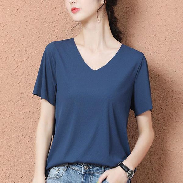women's t-shirt ice silk short sleeve spring and summer pure color seamless thin v-neck korean style loose top, White
women's t-shirt ice silk short sleeve spring and summer pure color seamless thin v-neck korean style loose top, White