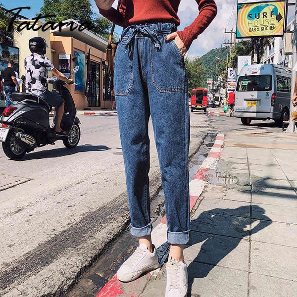 lace up jeans for women high waist vintage harem blue denim pants women's loose female boyfriends 210514 
lace up jeans for women high waist vintage harem blue denim pants women's loose female boyfriends 210514