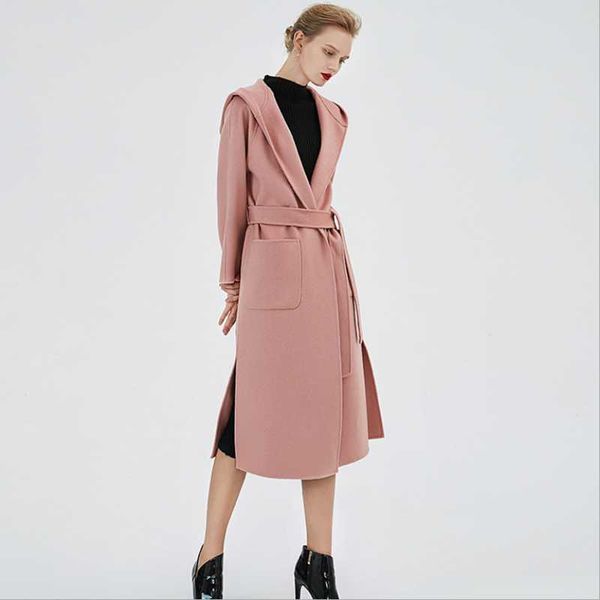 women's wool & blends autumn and winter 2021 style woolen overcoat hooded tie waist woman coats water ripple double-sided cashmere lady, Black
women's wool & blends autumn and winter 2021 style woolen overcoat hooded tie waist woman coats water ripple double-sided cashmere lady, Black