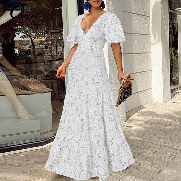 casual dresses bohemian floral print summer sundress 2021 celmia women v neck maxi long dress elegant puff sleeve ruffled party vestido, Black;gray
casual dresses bohemian floral print summer sundress 2021 celmia women v neck maxi long dress elegant puff sleeve ruffled party vestido, Black;gray