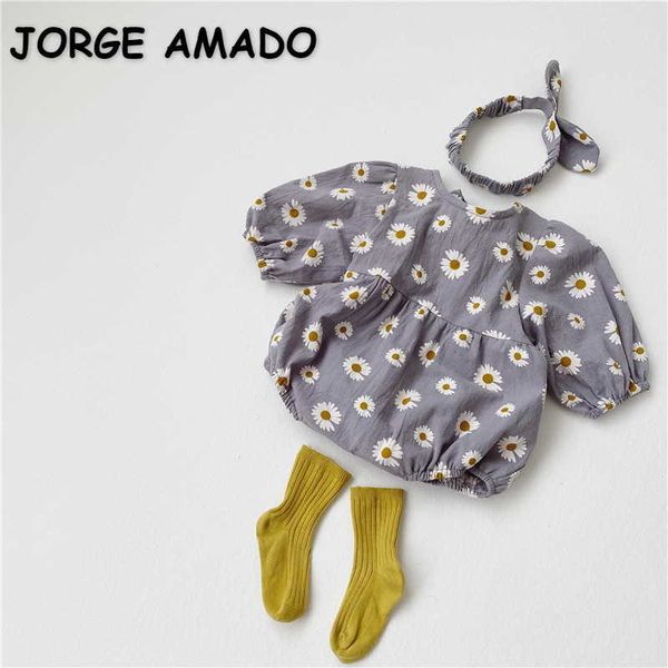 wholesale summer baby girl bodysuits cotton daisy flowers short sleeves cute jumpsuit with headwear infant suit e3922 210610, Blue 
wholesale summer baby girl bodysuits cotton daisy flowers short sleeves cute jumpsuit with headwear infant suit e3922 210610, Blue