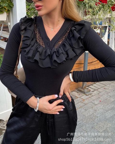 women's t-shirt black waist fashion casual ruffle stitching lace bottoming top, White
women's t-shirt black waist fashion casual ruffle stitching lace bottoming top, White