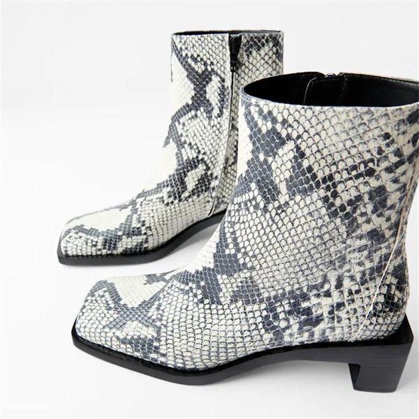 boots women square toe snake pattern mid chunky heel chic shoes, Black
