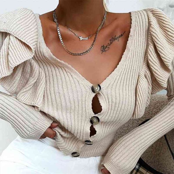 knitted button up ruffle cropped cardigans women big size sweater casual chic v neck autumn winter 210427, White;black
knitted button up ruffle cropped cardigans women big size sweater casual chic v neck autumn winter 210427, White;black